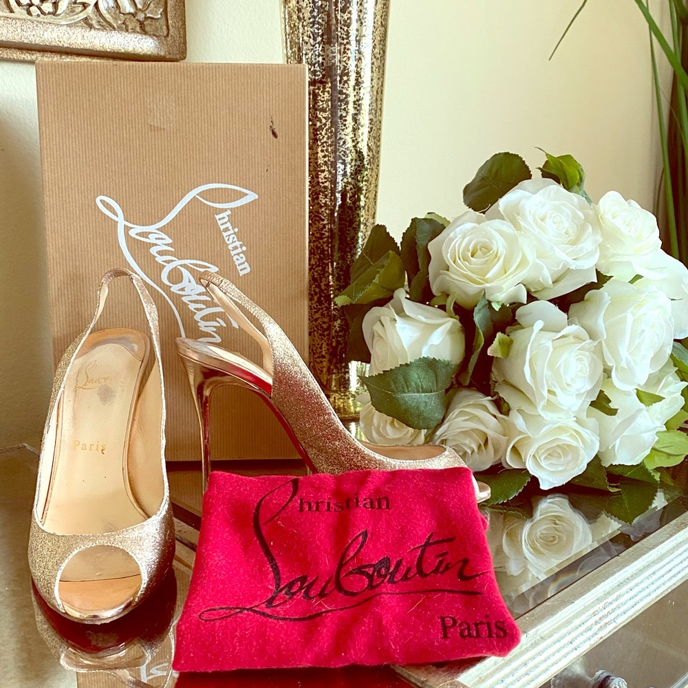 CHRISTIAN LOUBOUTIN GOLD GLITTER OPEN TOE SLING